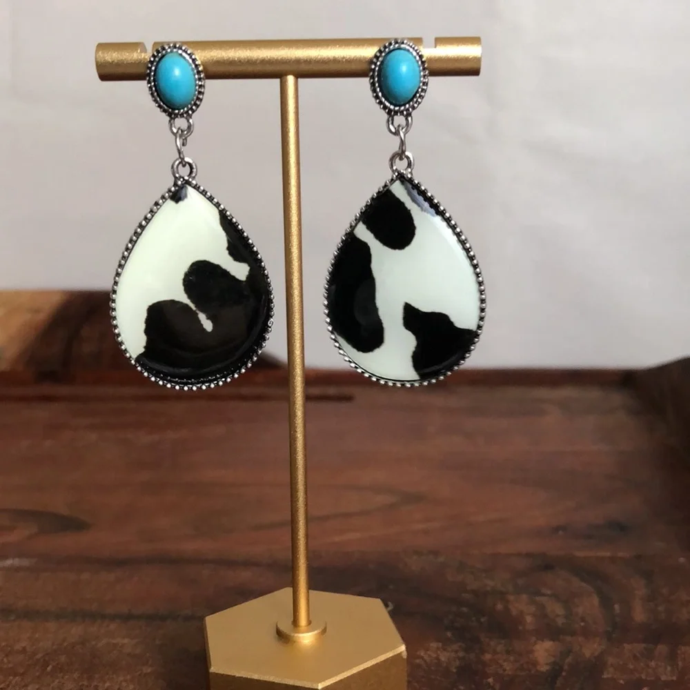 Women’s Boho Silver Plated Faux Turquoises Water Drop Cow Print Pattern Earrings